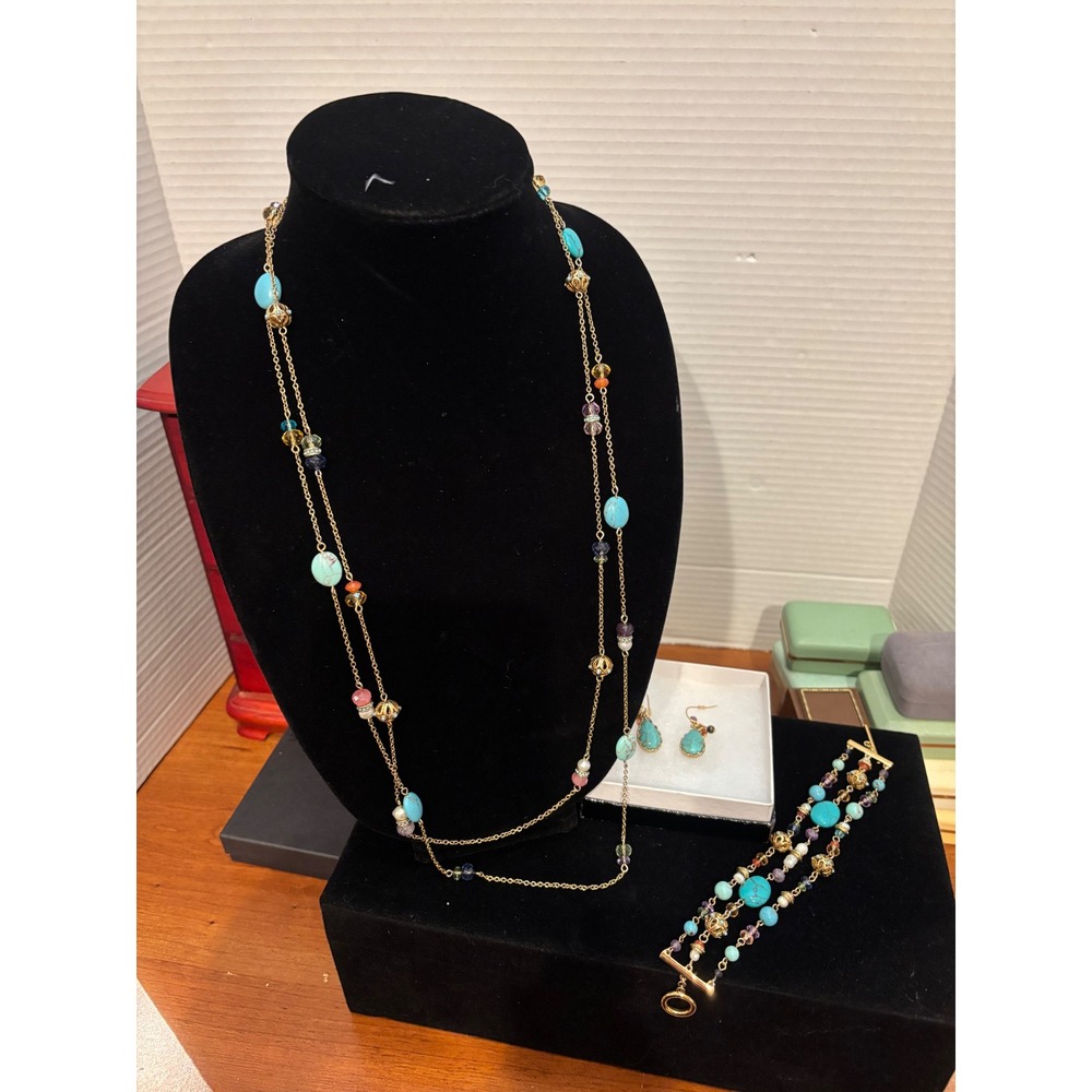 Ralph Lauren Turquoise Multi Stone Gold Tone Necklace Bracelet Earrings Set